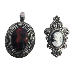 Round Brown Tortoise Gemstone White Cameo Pewter Pendant Bundle of Two